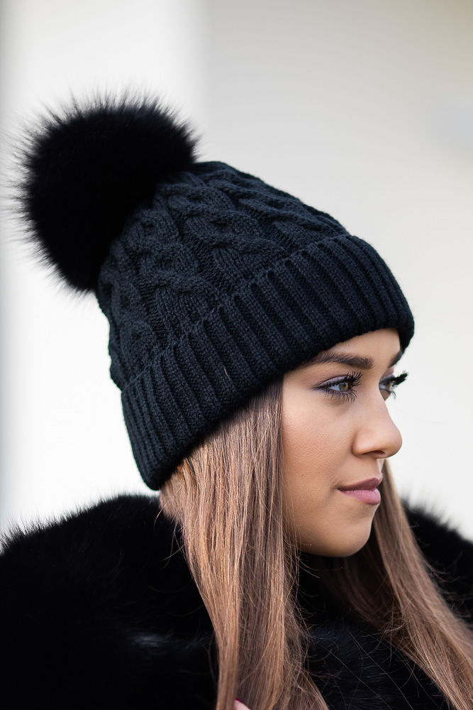 BLACK WOOL HAT WITH GENUINE FOX FUR POM POM | WOMEN \ HATS AND SCARFS ...