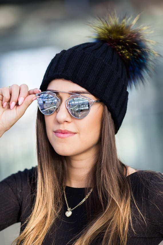 BLACK WOOL HAT WITH GENUINE FOX FUR POM POM 