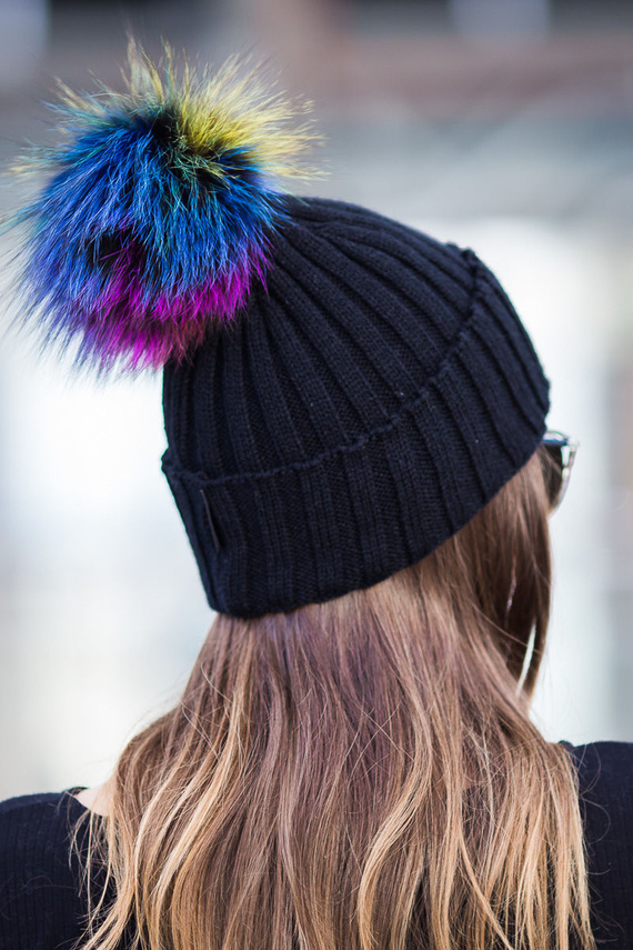 BLACK WOOL HAT WITH GENUINE FOX FUR POM POM 