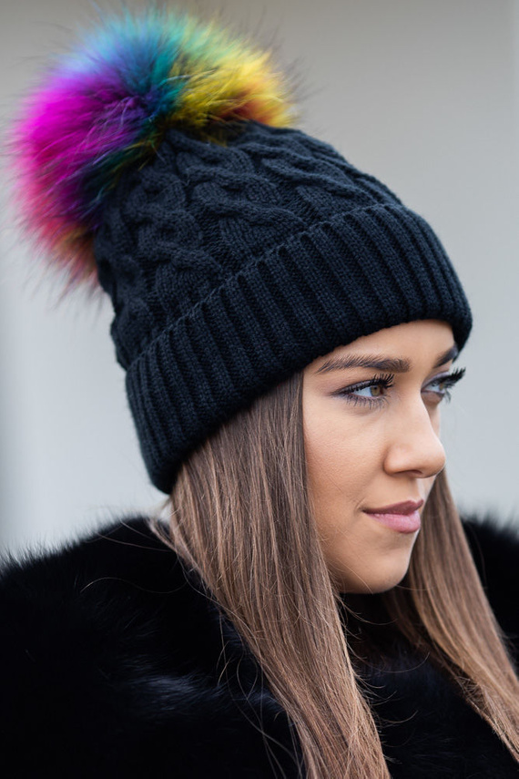BLACK WOOL HAT WITH GENUINE RACCOON FUR POM POM WOMEN \ HATS AND