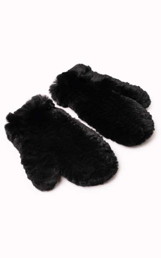 Black genuine rabbit fur gloves