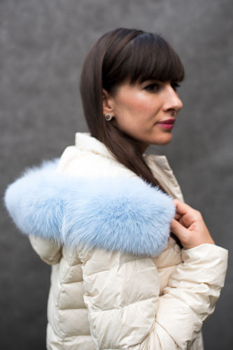 Genuine Silver Fox Fur Hood Trim in Baby Blue.