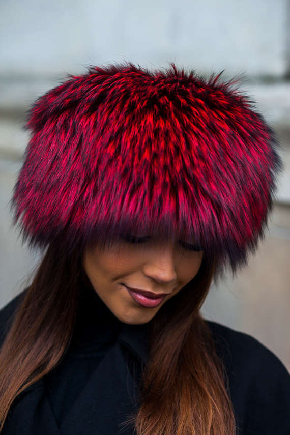 Knit Mink Beanie Hat with Fox Pom Pom in Red.