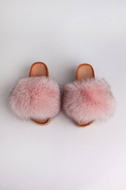 Top Fur Slides, Sandals with Pink and Beige Fur 