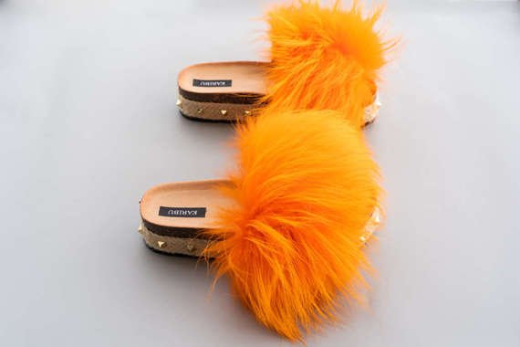Top Fur Slides, Sandals with Pink and Beige Fur 