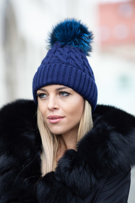 WOOL BEANIE HAT WITH GENUINE FOX FUR POM POM