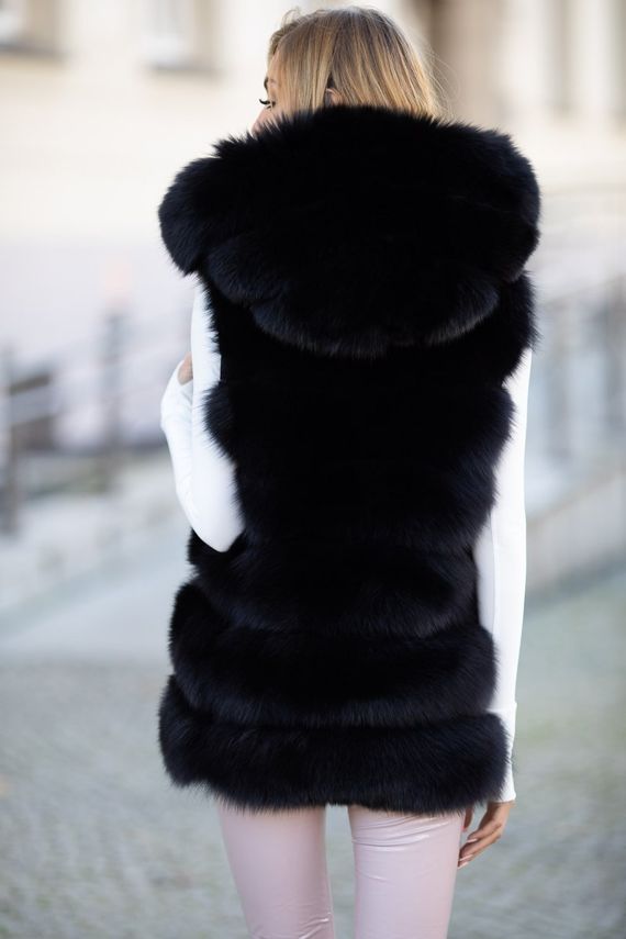 Woman’s Genuine Silver Fox Fur Waistcoat with Hood