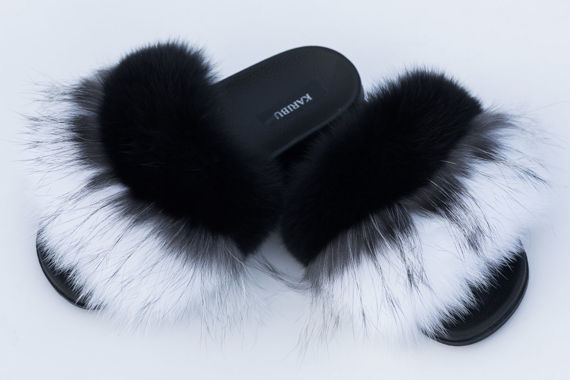 Women's Black and White Fur Slides, Sandals with Genuine Fox Fur