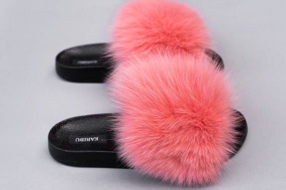 Women's Fur Slides, Sandals with Royal Blue Genuine Fur