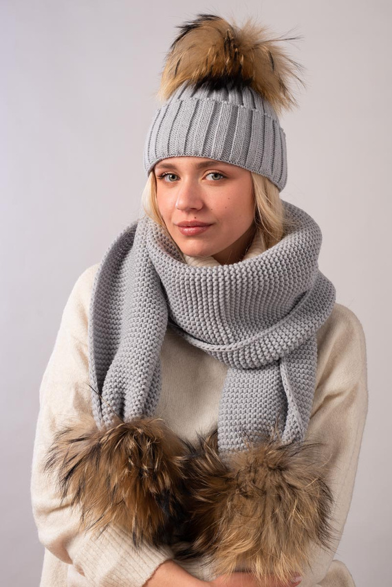 Wool hat and scarf set with genuine silver fox fur pompoms.