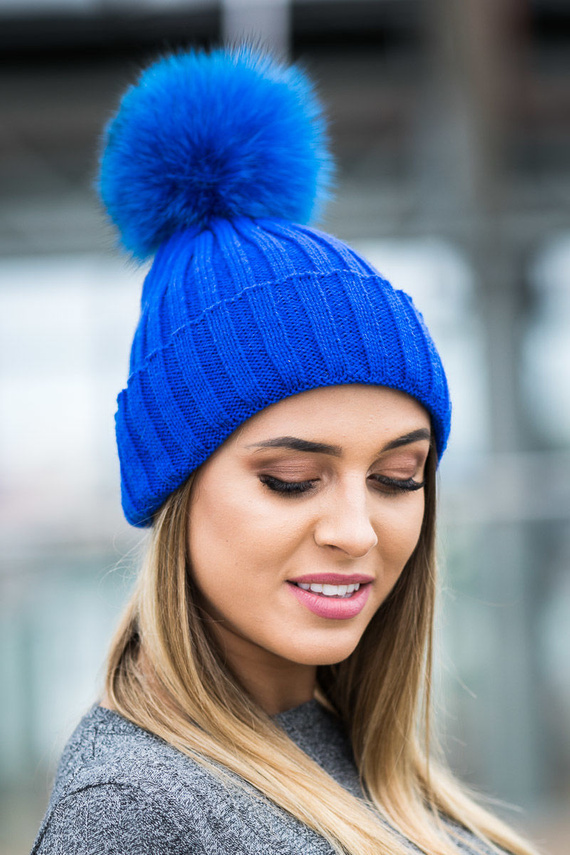 WOOL BEANIE HAT WITH GENUINE FOX FUR POM POM