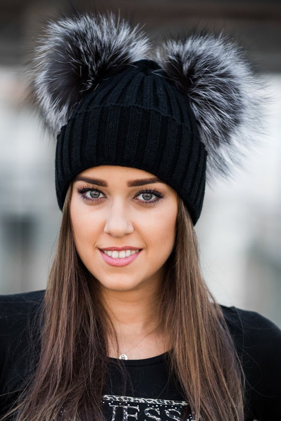 BLACK WOOL HAT WITH TWO GENUINE FOX FUR POMPOMS 