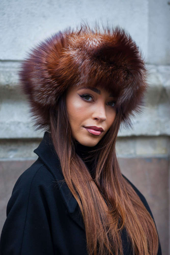 Knit Mink Beanie Hat with Fox Pom Pom in Red.