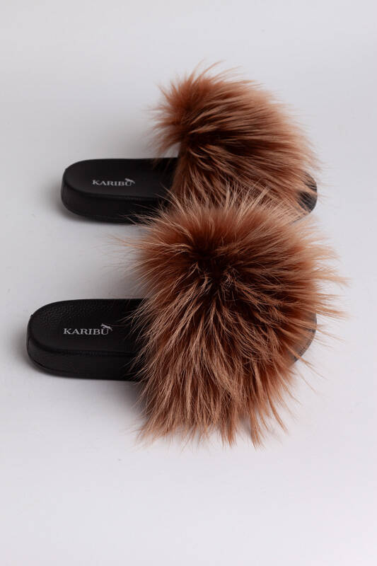 Women's Baby Pink Fur Slides, Sandals with Genuine Fox Fur