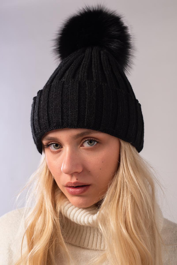 Ladies Fur pompom Ribbed Beanie Hat in black