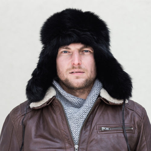 Trapper Hat in Black Fox Fur with Leather Top
