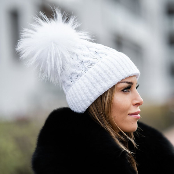 WOOL BEANIE HAT WITH GENUINE WHITE RACCOON FUR POM POM