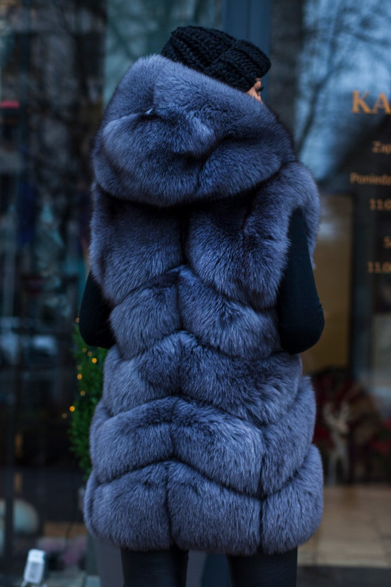 Woman’s Genuine Silver Fox Fur Waistcoat with Hood