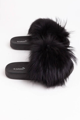 Women's Baby Pink Fur Slides, Sandals with Genuine Fox Fur