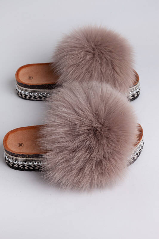 Top Fur Slides, Sandals with Pink and Beige Fur 