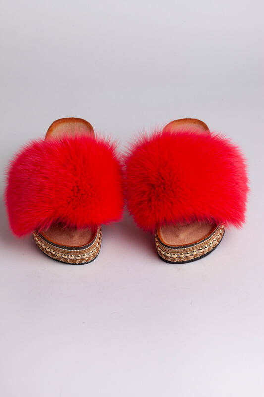 Top Fur Slides, Sandals with Pink and Beige Fur 