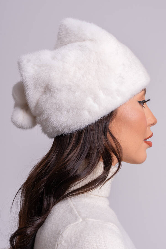 Knit Mink Beanie Hat with Fox Pom Pom in Red.
