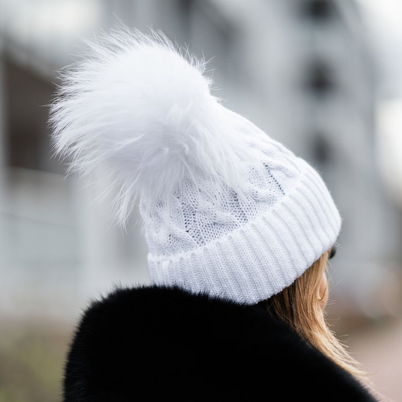 WOOL BEANIE HAT WITH GENUINE WHITE RACCOON FUR POM POM