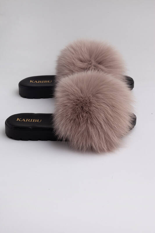 Women's Fur Slides, Sandals with Royal Blue Genuine Fur