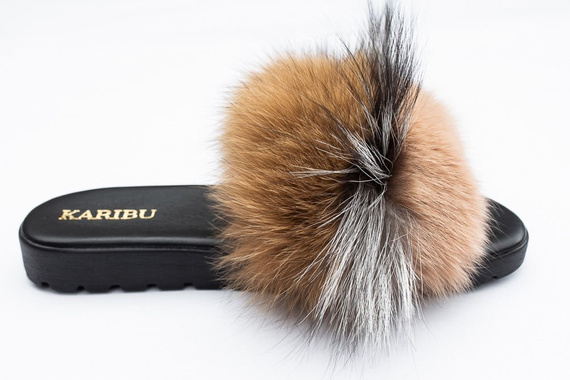 Women's Fur Slides, Sandals with Royal Blue Genuine Fur