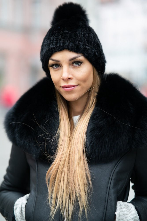Mink Beanie Hat with Fox Fur Pom Pom in Black.