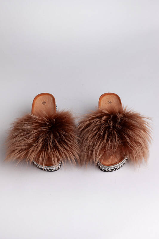 Top Fur Slides, Sandals with Pink and Beige Fur 