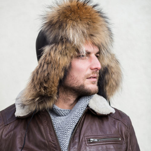 Men,s Raccoon Fur & Black Leather Trapper Hat    