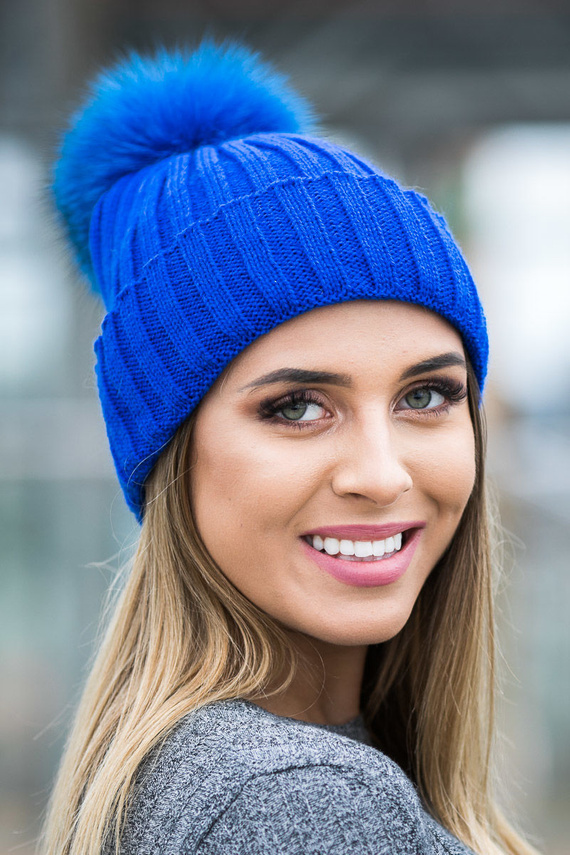  WOOL BEANIE HAT WITH GENUINE FOX FUR POM POM