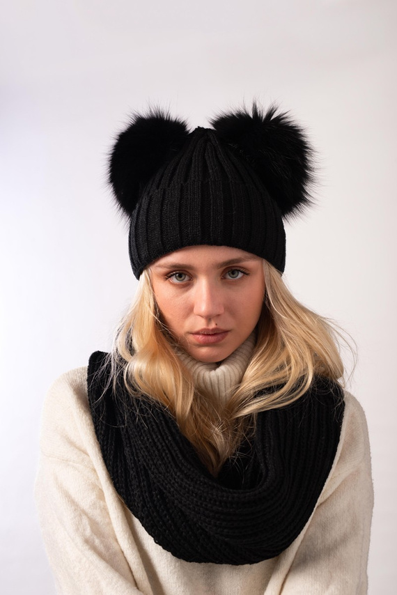 Wool hat and loop set with genuine fox fur pompoms 