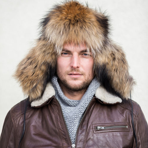 Men,s Raccoon Fur & Black Leather Trapper Hat    