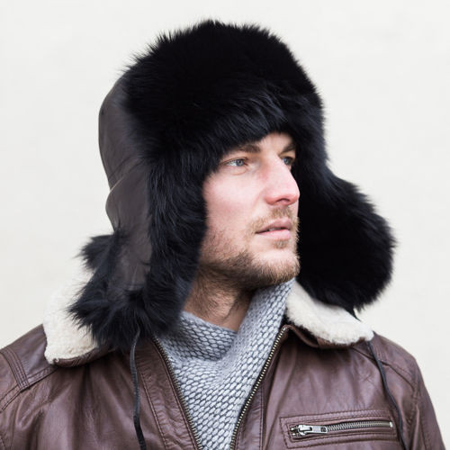 Trapper Hat in Black Fox Fur with Leather Top