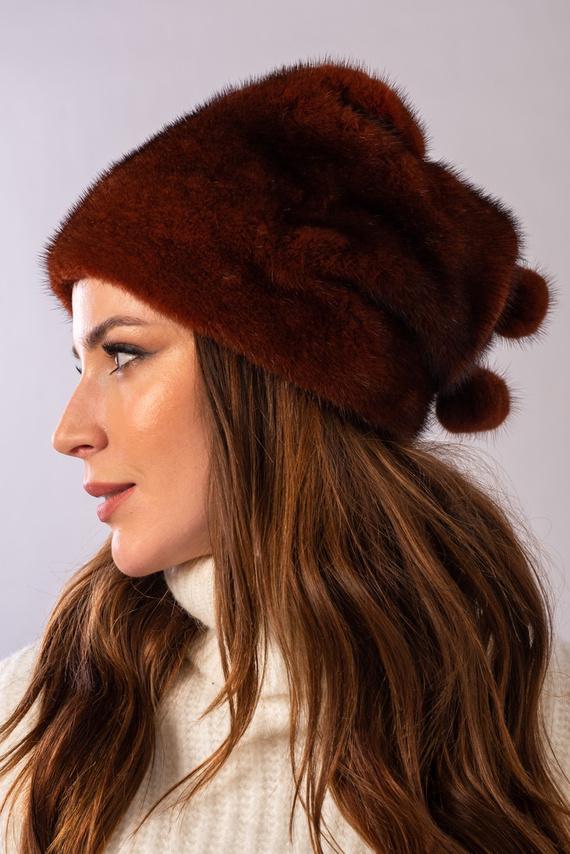 Knit Mink Beanie Hat with Fox Pom Pom in Red.