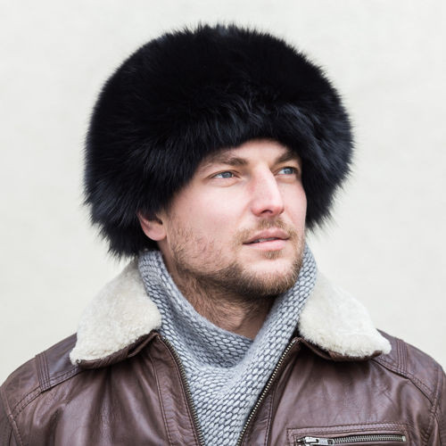 Trapper Hat in Black Fox Fur with Leather Top