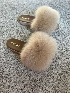 Women's Fur Slides, Sandals with Royal Blue Genuine Fur