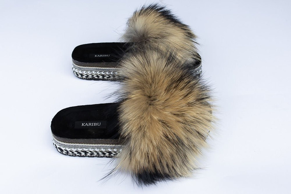 Top Fur Slides, Sandals with Pink and Beige Fur 